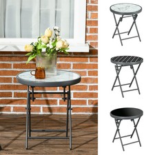 Round Folding Side Table Patio Table w/ Imitation Marble Glass Top