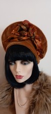 1940's Authentic  Style Old Gold Vintage Velvet Hat Autum Velvet Embellishment