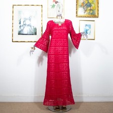Rare Vintage 1970s Fuchsia Lace Bell Sleeve Maxi Dress Bohemian Glamour Size M