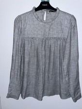ZARA GREY RUFFLE NECKLINE FAUX PEARL DET BLOUSE TOP SIZE S UK 8 10