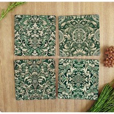 Set of 4 Green Victorian Tile Design Ceramic Coasters, Glossy Finish Cork Backed