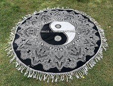 Indian Black & White Yin Yang Mandala Round Tapestry Hippie Beach Throw Blanket
