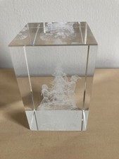 3D Laser etched glass paperweight with boy, girl & Christmas Tree