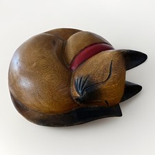 Wooden Sleeping Siamese Cat Vintage Hand Carved Figure Decorations Ornament