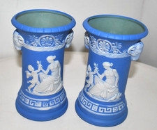 Schafer & Vater Vases- Blue Jasperware Duo 'Ram's Head'- Vintage Stoneware-GC