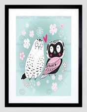PAINTING CARTOON BIRDS OWL PIGEON LOVE HEART VECTOR FRAMED ART PRINT B12X8491