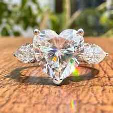 4.48 TCW Heart Moissanite Three Stone Set Engagement Ring 14K White Gold Plated