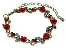 SILVER TONE RED METAL ROSE AND  CRYSTAL BRACELET