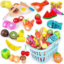 Wooden Cutting Cooking Kitchen Food Toys Set for Role Play with Basket