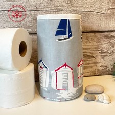 Handmade Toilet Roll Holder / Beach Huts & Boats / Fabric Storage Tub/ Grey Blue