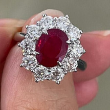 Attractive 18K White Gold 2Ct Oval Cut Natural Red Ruby & Diamond Wedding Ring