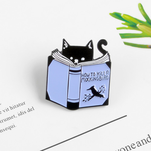 Cat enamel reading book pin - reading,