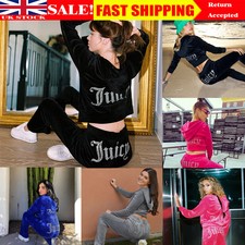 UK Women Juicy Print Diamante Logo Zip Up Velour Velvet Tracksuit Sweater Sets
