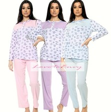 Ladies Floral Print PJ Set Long Sleeve 100% Cotton Crew Neck Pyjama Night Suit.