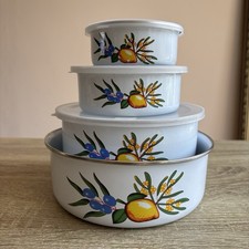 Vintage Enamel Set Of 4 Bowls Lidded Lemon Fruit Design Camping