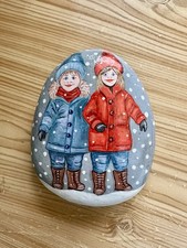 Hand Painted  Pebble/Stone/Rock, Little Boy & Girl, Children, Snow/winter Scene