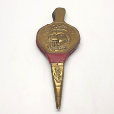 Antique Vintage Wood & Leather Brass Repousse Ship Design Bellows