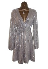 Lipsy Gold Silver Sequin Wrap Dress 10 Sparkly Long Sleeve Party Occasion 