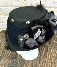 Unique Black Gothic Goth Top Hat Rosette Coffin Wing Feathers Odd 57cm (35)