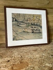 vintage Painting Drawing Of Clinker Rowing Boats Against A Harbour Wall Unsigned