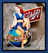 Vintage Original 1995 Schlitz Beer Pin-Up Lithographed Tin Sign - VGC - Free P&P