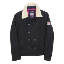 SUPERDRY Girls Black Wool Blend Pea Jacket XL Button Plain Warm Winter Wear