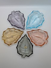 Set Of 5 Vintage Coloured Glass Leaf Shaped Trinket Dish Snack Bowls 1950s