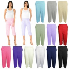 LADIES CROPPED TROUSERS WOMENS 3/4 THREE QUARTER ELASTICATED CAPRI CROP PANTS