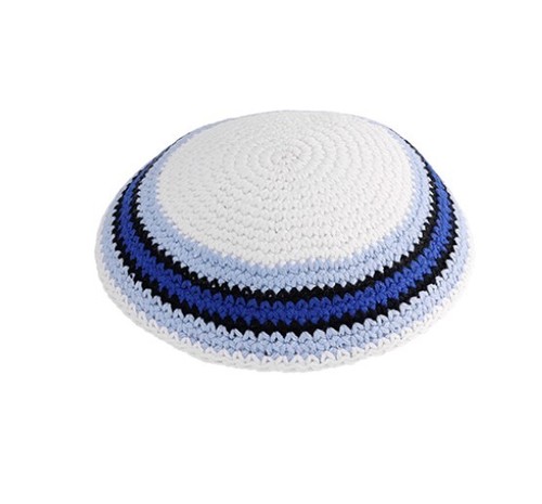 Knitted kippah white with - knitted, blue