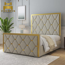 Golden Strip Panel Bed Frame Plush Velvet Upholstered Ottoman Gas Lift Storage