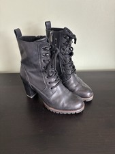 Marco Tozzi Lace Up Heeled Black Leather Boots Size 4 Side Zip