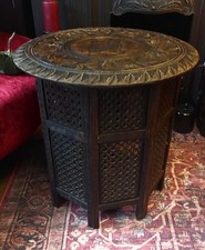 Large Antique Anglo Indian  Campaign Table With Leaf Carvings & Fretwork Base