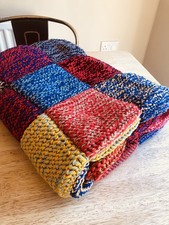 Vintage multicoloured handmade knitted blanket cot pram, heavy backed 36" by 50"