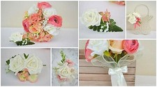 Wedding bouquet in Coral & Peach design. Flower Girl Wand, Buttonhole, Corsage