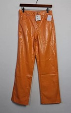 Bershka Faux Leather Trousers Size S Orange Croc Straight Leg High Waisted Jeans