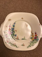 Vintage Crown Staffordshire 10” Large Hollyhock Cake Plate 1930's Hand Painted