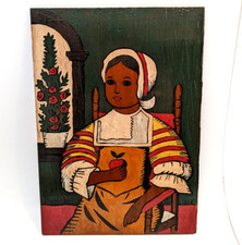 Primitive Americana Folk Art Vintage Oil Painting on Wood Puritan Girl Apple