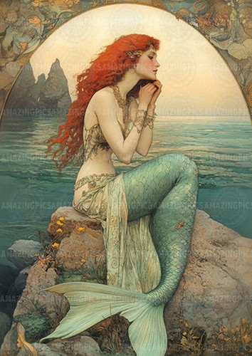 Art nouveau mermaid print - art,