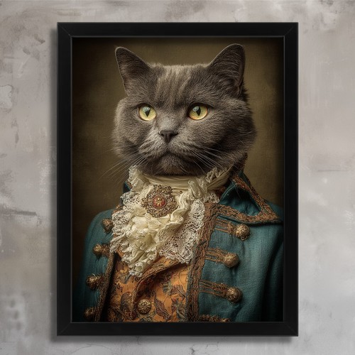 Regal grey cat portrait - portrait, wall