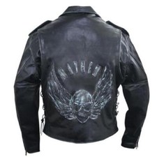 Gallanto Distressed Leather Motorcycle Biker Jacket with Embossed Flying Skull