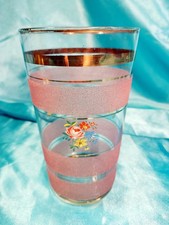 Frosted Pink Glass Vase With Gold Bands & Floral Motifs 5.5 Inch x 3.5 Inch 50s