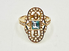 9ct Gold Art Deco Style Aquamarine & Pearl Panel Ring. Size N. Gift Boxed. 3.77g