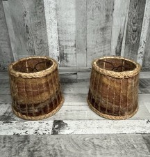 Pair of Vintage Drum Lampshades Woven Wool Braided Pleated Rope Trim 1970s