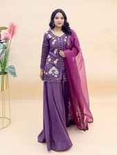 Latest New Simar Silk Fabric Purple Palazzo Suit With Dupatta For Wedding Wear