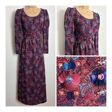 Vintage 70s Navy Dark Red & Turquoise Floral Lurex Sequin Evening Maxi Dress 8