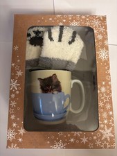 Tabby Cat A hug in a mug ceramic Mug & fluffy paw print claw socks gift box