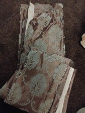 Next Taupe Duck Egg Blue Flocked Damask Curtains 66x74 Elegant Satin Finish Pair