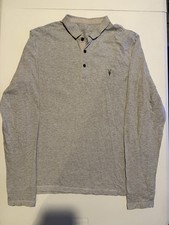 All Saints Men’s Long Sleeve Grey Polo Shirt Large Button Up Cotton Casual Logo