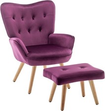 Purple Velvet Armchair with Footstool, Comfy Reading Lounge Chair Set