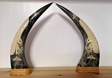 2 x Vintage Water Buffalo Horns Eagle Carving from KC Gifts in Canada 30cms Tall